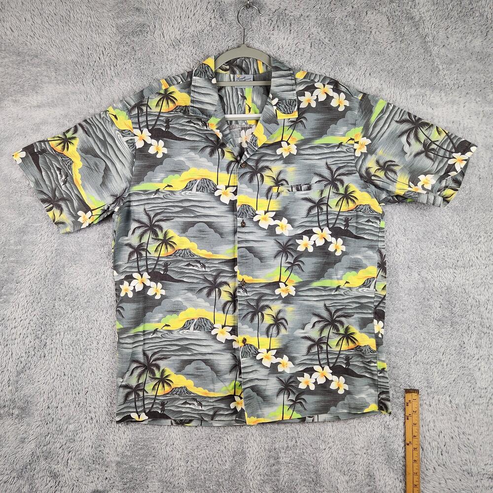 Vintage Royal Creations Shirt Mens Large Gray Hawaiian Floral Hawaii Tropical